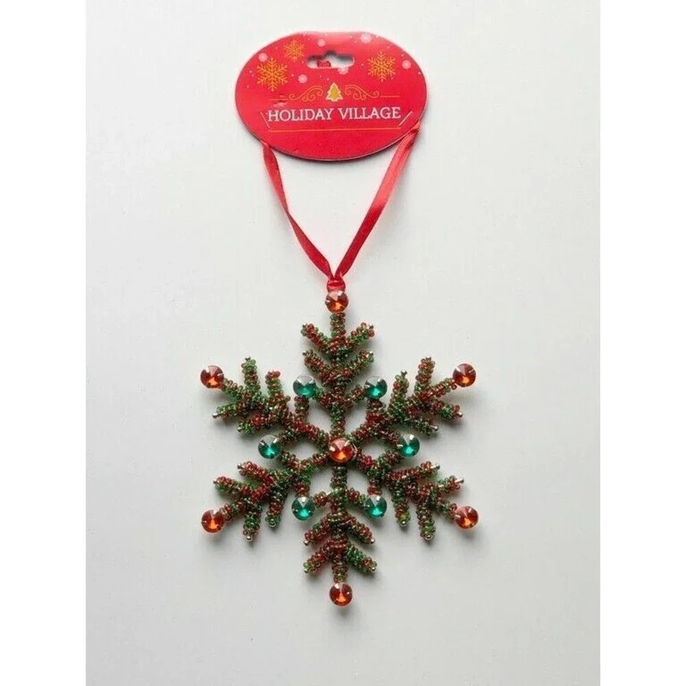 Christmas Tree Snowflake Ornament Red Green Beaded Jewels Ribbon Hanger 5.5